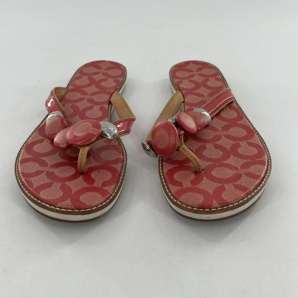Coach Womens Signature Coated Canvas‎ Flip Flop Thong Patent Button Melon 8.5
